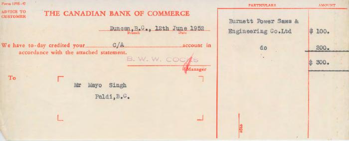 [Letter of advice from the Canadian Bank of Commerce to Mayo Singh]