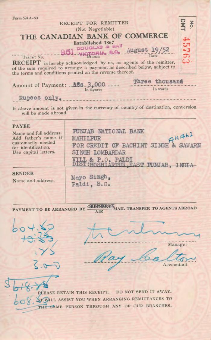 [Receipt from Mayo Singh to Punjab National Bank]