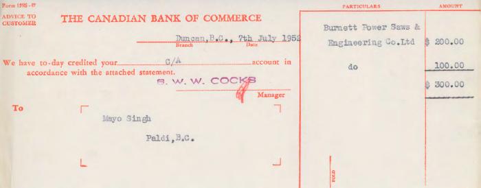 [Letter of advice from the Canadian Bank of Commerce to Mayo Singh]