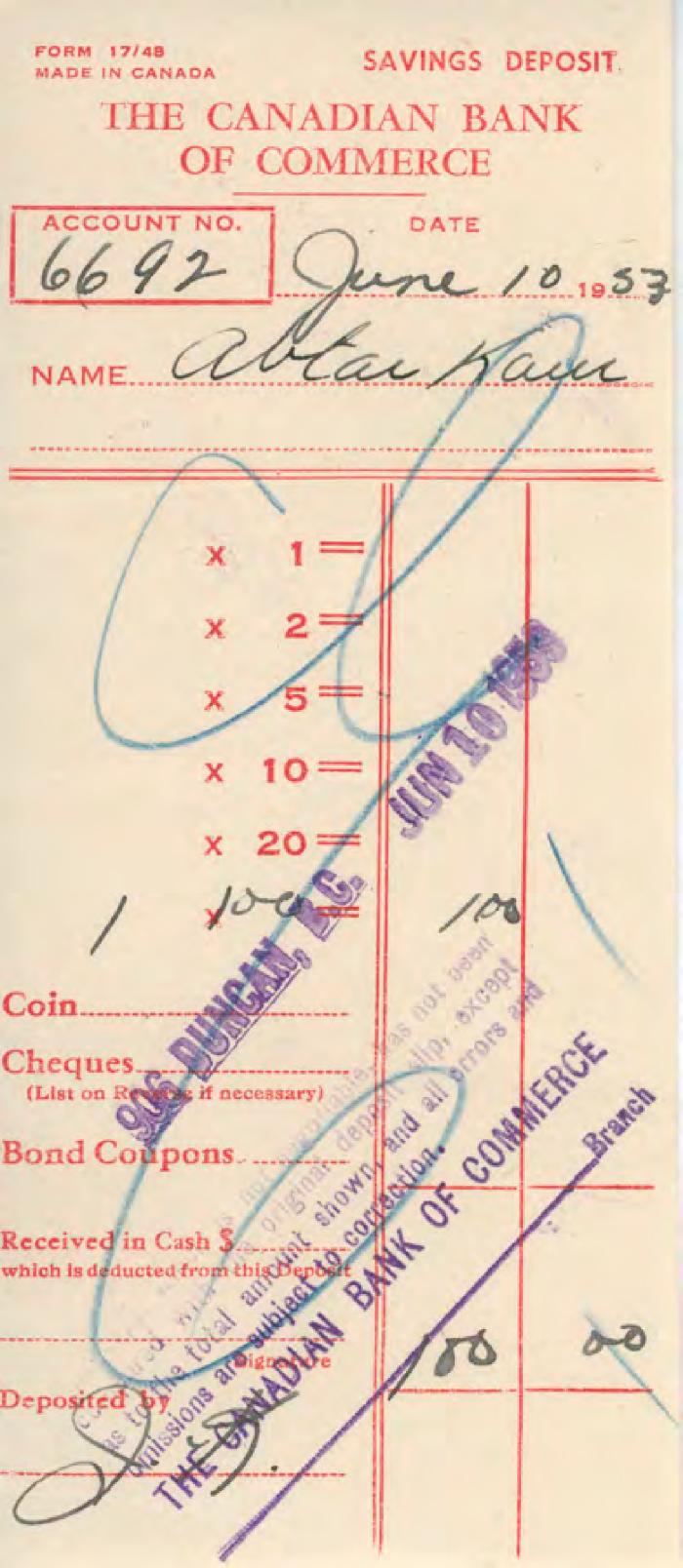 [Bank receipt from the Canadian Bank of Commerce to Abtar Kaur]