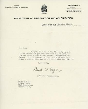 [Letter from Fred W. Taylor to Ganda Singh]