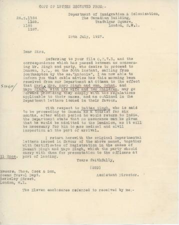 [Letter from Assistant Director, Department of Immigration and Colonization, to Messrs. Thos. Cook & Son]