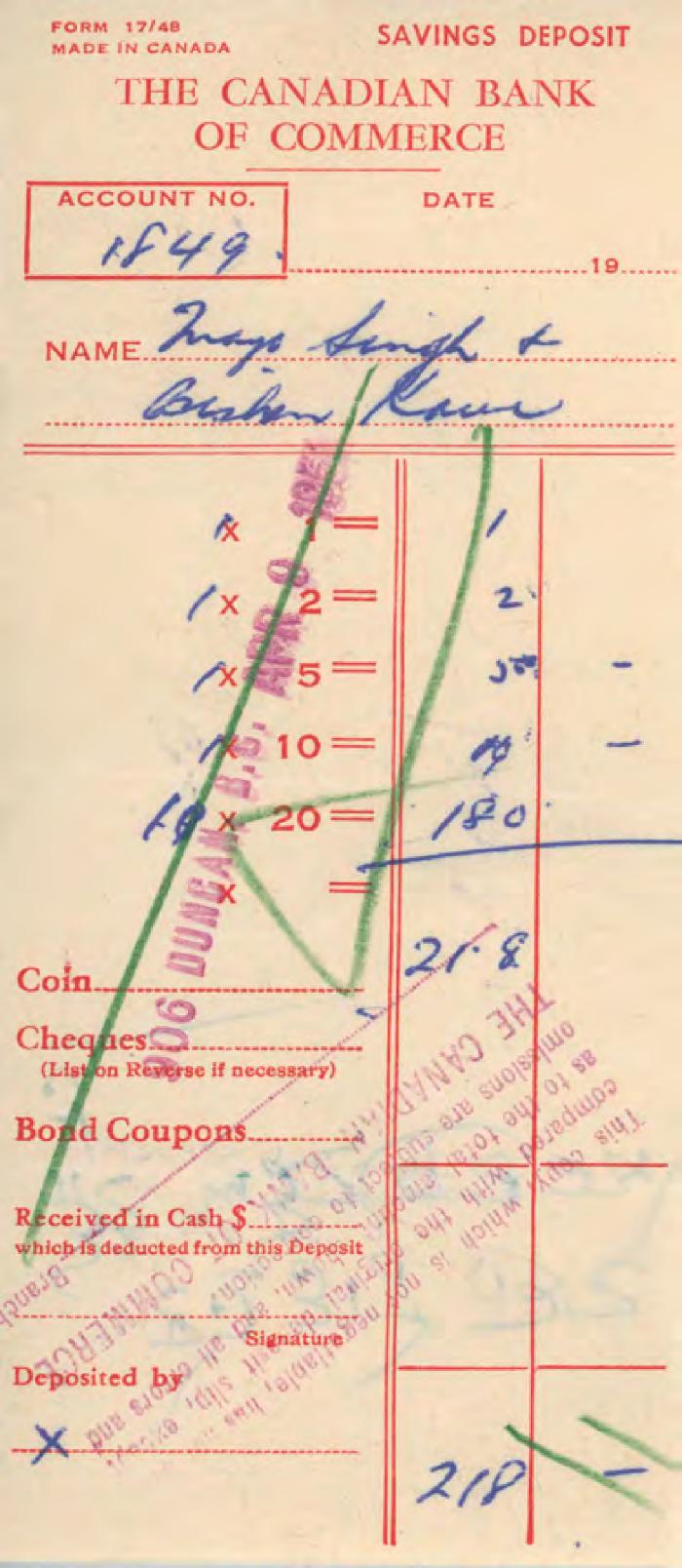 [Bank receipt from the Canadian Bank of Commerce to Mayo Singh and Bishan Kaur]