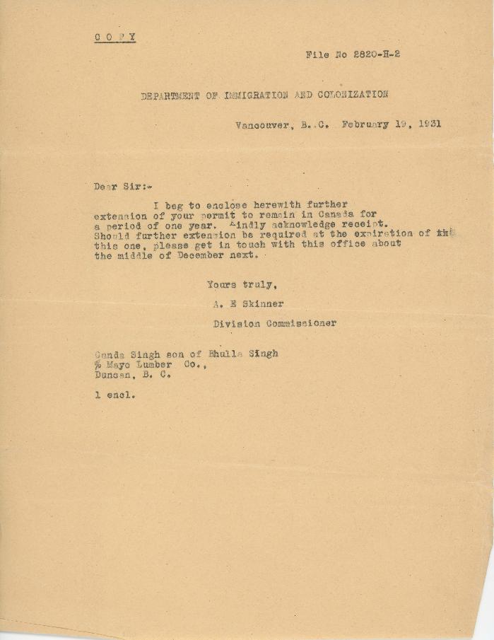 [Letter from A. E. Skinner to Ganda Singh]