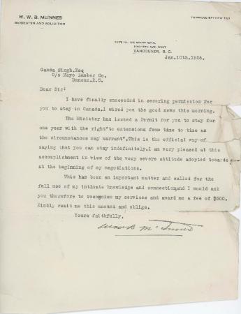 [Letter from W. W. B. McInnis to Ganda Singh]