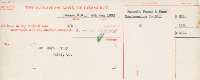 [Letter from the Canadian Bank of Commerce to Mayo Singh]