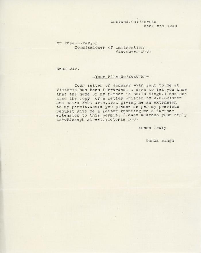 [Letter from Ganda Singh to Fred W. Taylor, Commissioner of Immigration]