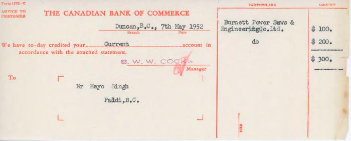 [Letter of advice from the Canadian Bank of Commerce to Mayo Singh]