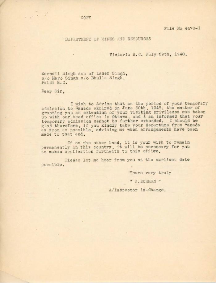 [Letter from J. Dorman to Karnail Singh ]