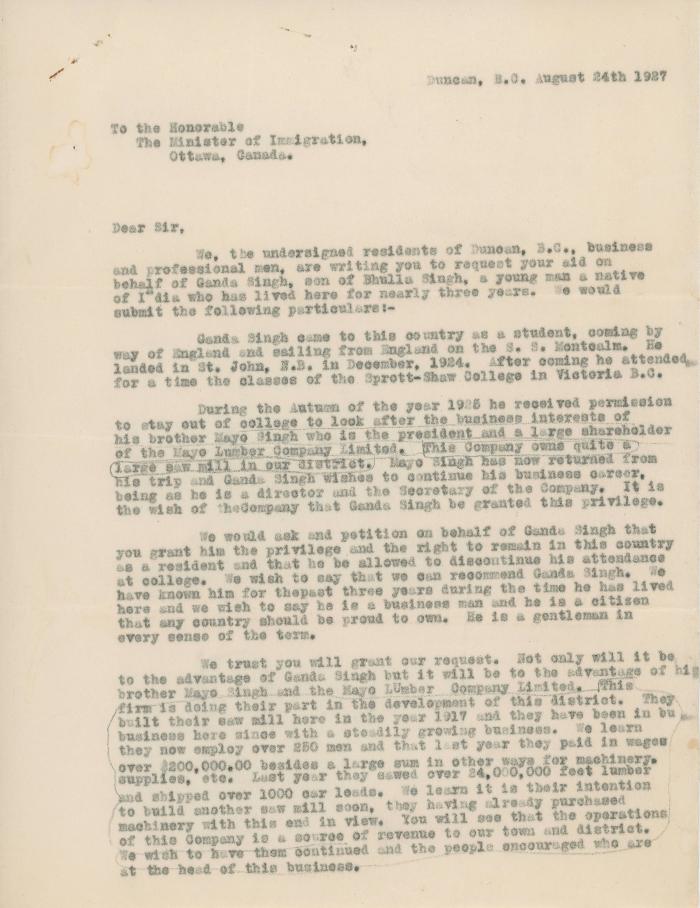 [Letter from J. Islay Mutter, E. G. Sanford, A. B. Thorp, A. Peterson and David Ford to the Minister of immigration]