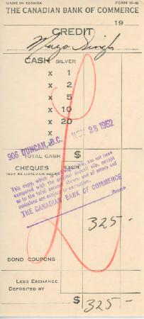 [Receipt of credit from the Canadian Bank of Commerce to Mayo Singh]