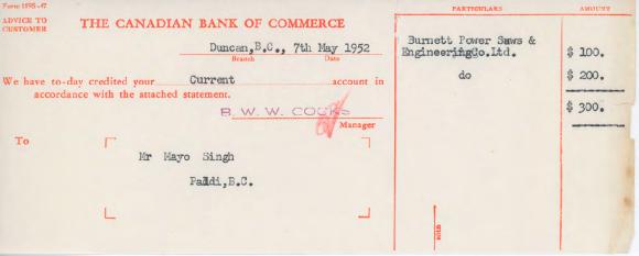 [Letter of advice from the Canadian Bank of Commerce to Mayo Singh]