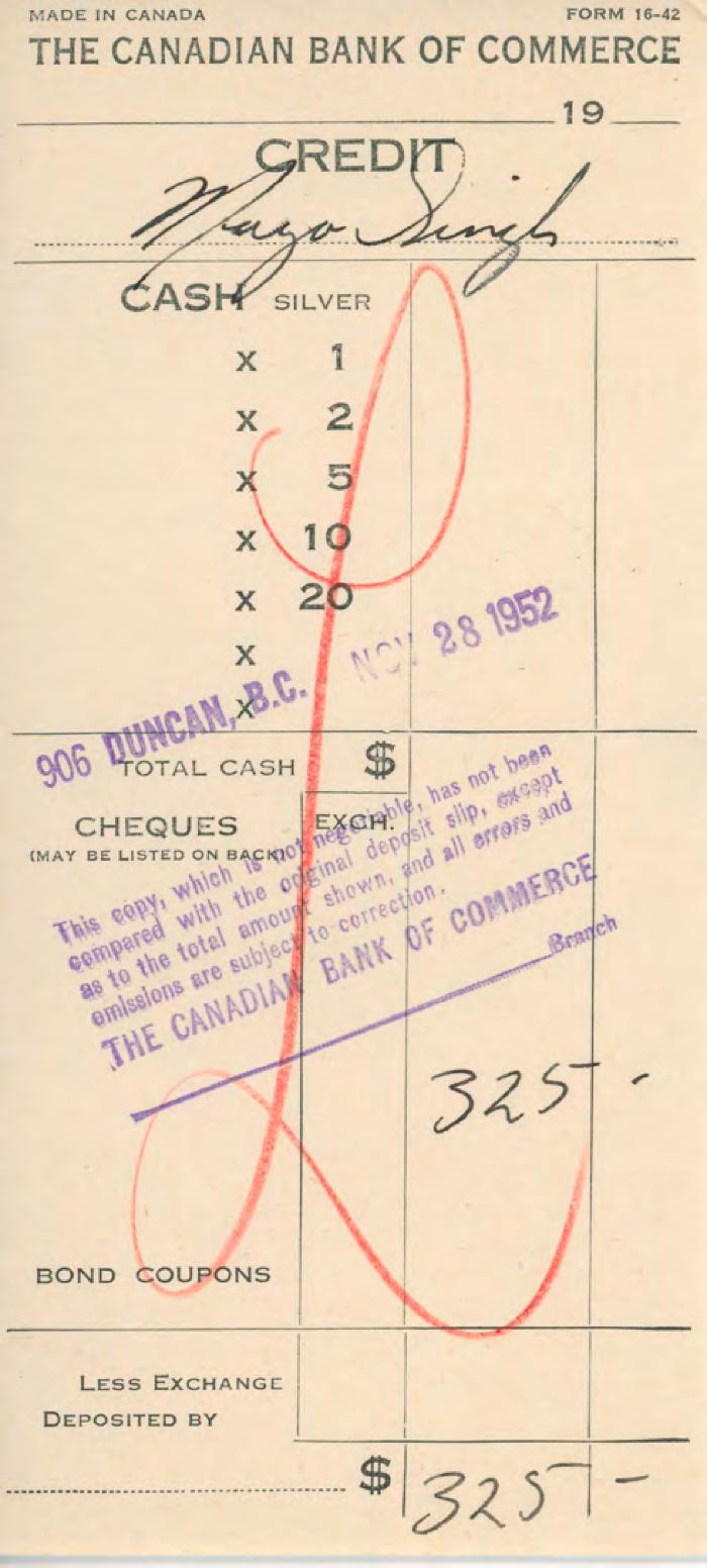 [Receipt of credit from the Canadian Bank of Commerce to Mayo Singh]