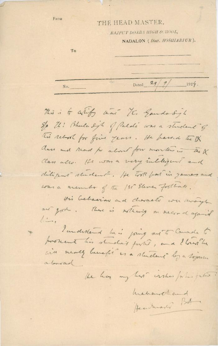 [Letter from [?], the Headmaster, Rajput Doaba High School to Ganda Singh]