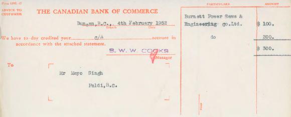 [Letter of advice from the Canadian Bank of Commerce to Mayo Singh]