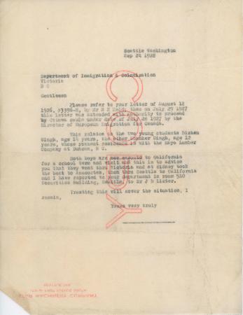 [Letter from [?] to the Department of Immigration and Colonization]