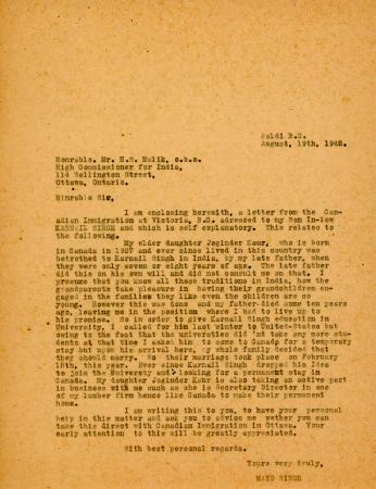 [Letter from Mayo Singh to H. S. Malik]