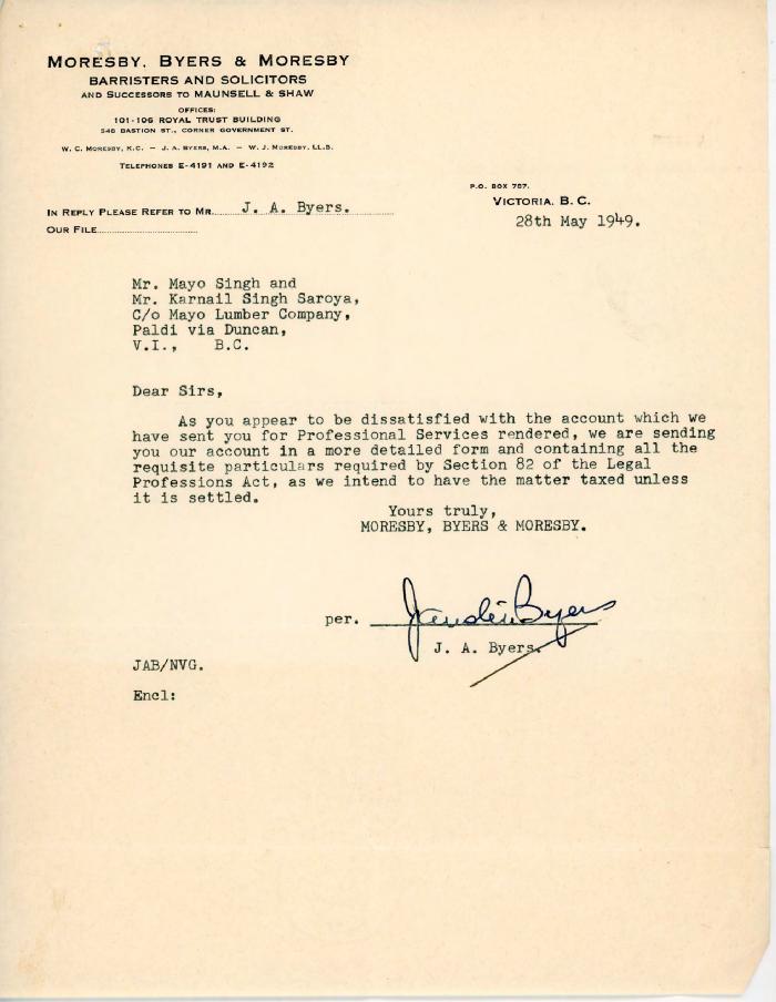 [Letter from J. A. Byers to Mayo Singh and Karnail Singh]