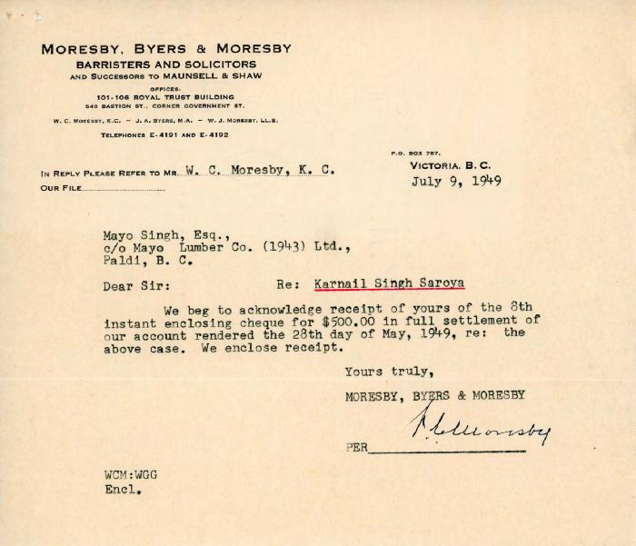 [Letter from Moresby, Byers & Moresby to Mayo Singh]
