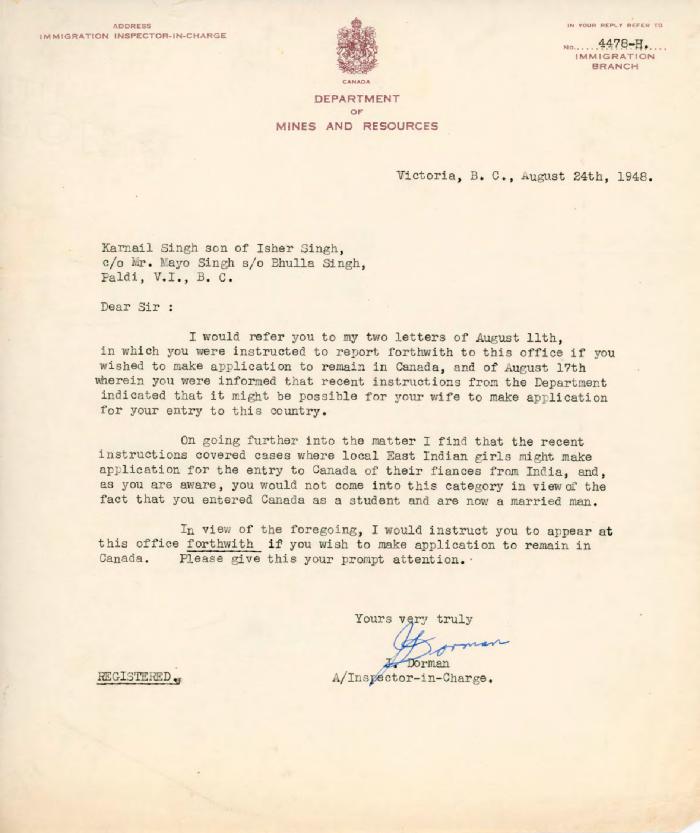 [Letter from J. Dorman to Karnail Singh]