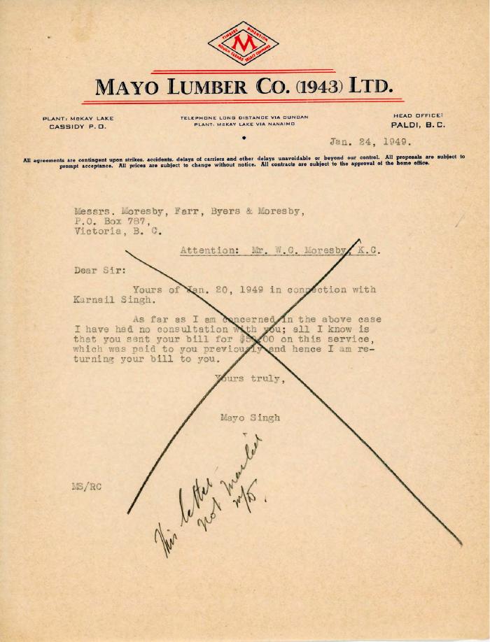 [Unsent letter from Mayo Singh to W. C. Moresby]