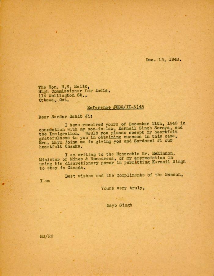 [Letter from Mayo Singh to the Hon. H. S. Malik]