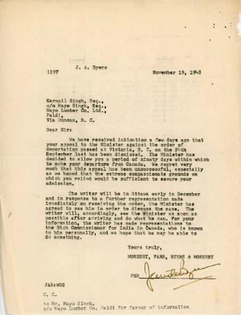 [Letter from J. A. Byers, an associate of Mr. Moresby, to Karnail Singh]
