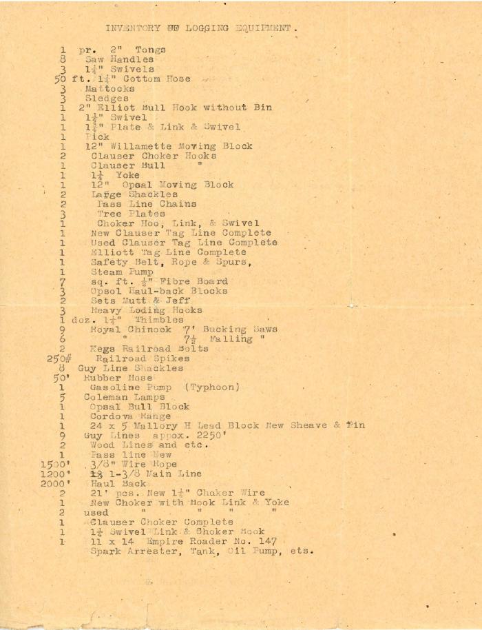 [Inventory of logging equipment]