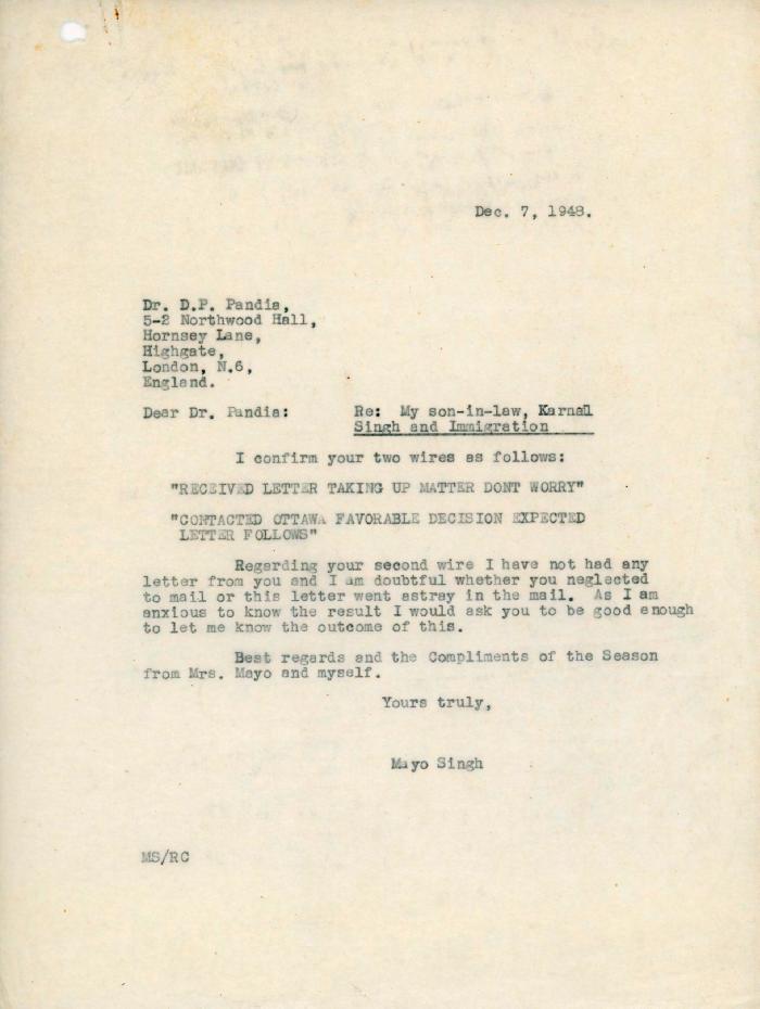 [Letter from Mayo Singh to Dr. D. P. Pandia]