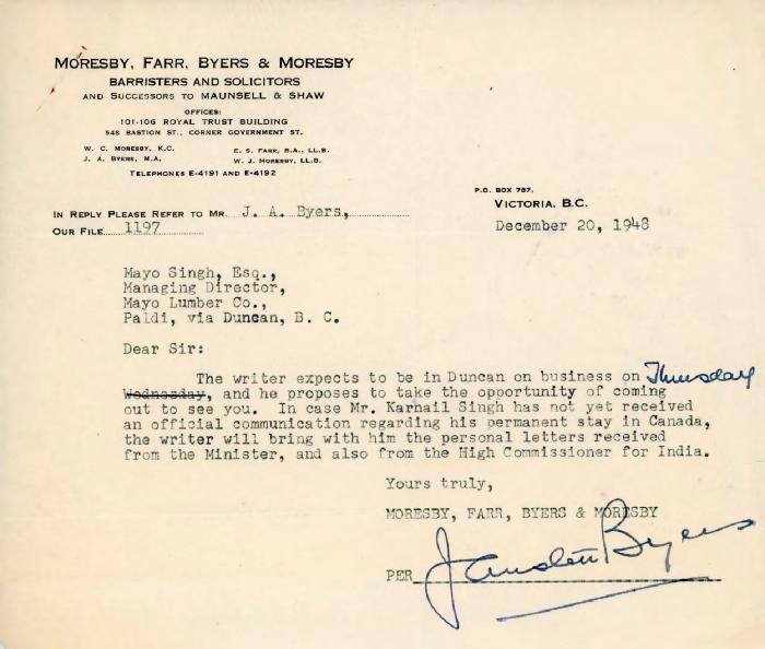 [Letter from J. A. Byers to Mayo Singh]