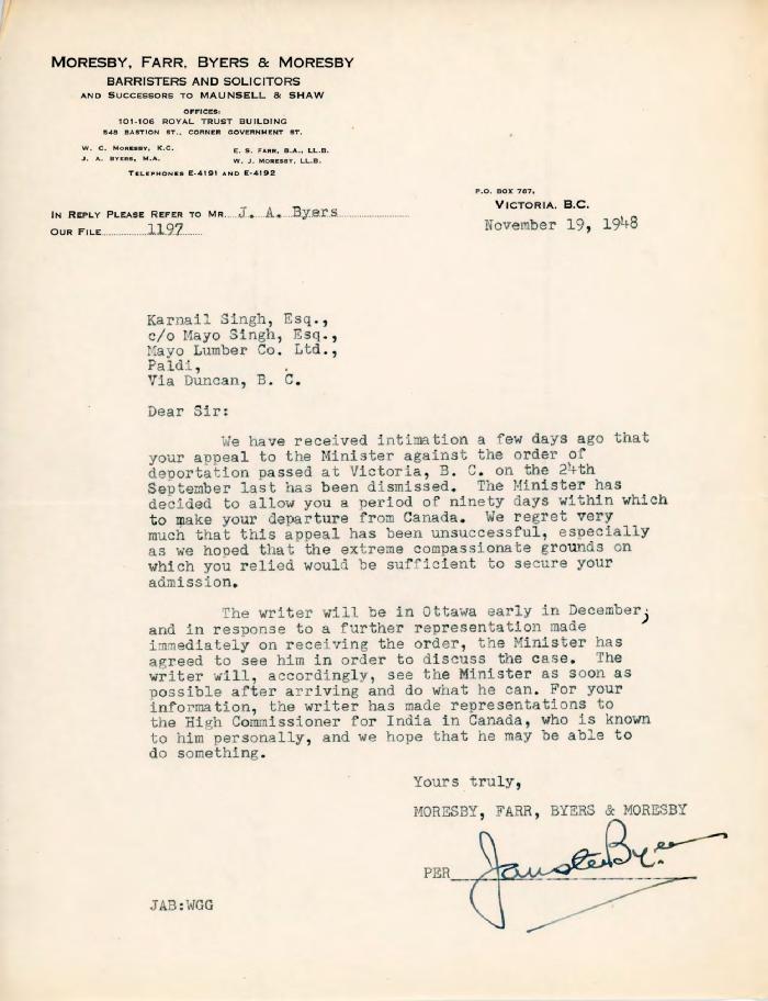 [Letter from J. A. Byers, an associate of Mr. Moresby, to Karnail Singh, with firm letterhead]