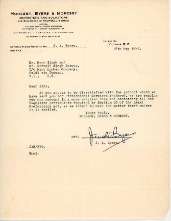 [Letter from J. A. Byers to Mayo Singh and Karnail Singh]