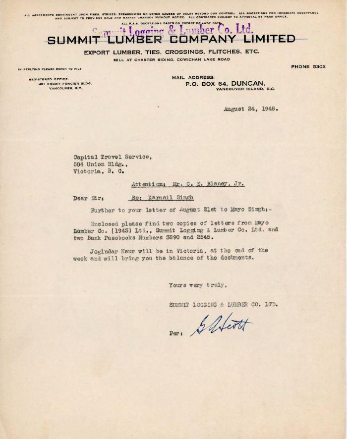 [Letter from G. A. Scott, Summit Logging & Lumber Company Limited to C. E. Blaney, Jr. Capital Travel Service]