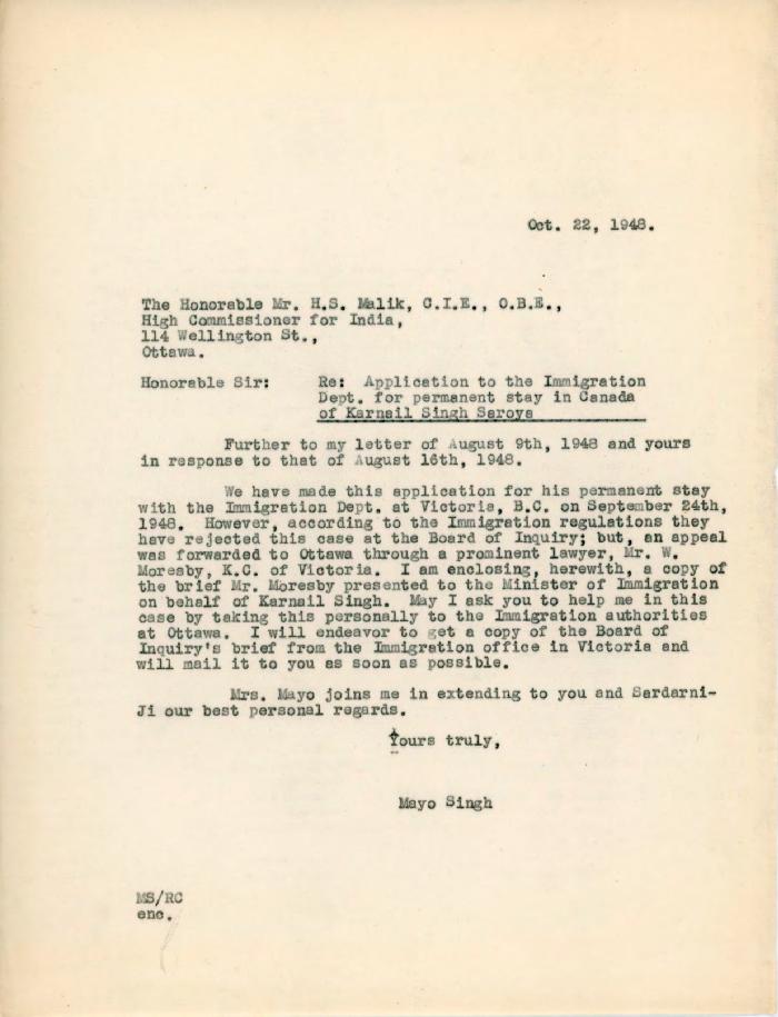 [Letter from Mayo Singh to H. S. Malik]