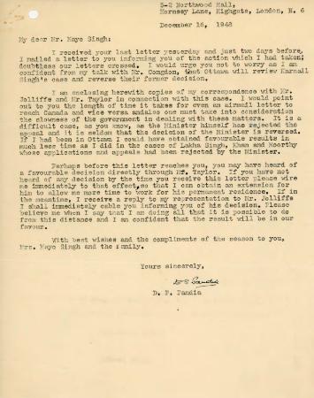 [Letter from Dr. P. Pandia to Mayo Singh]