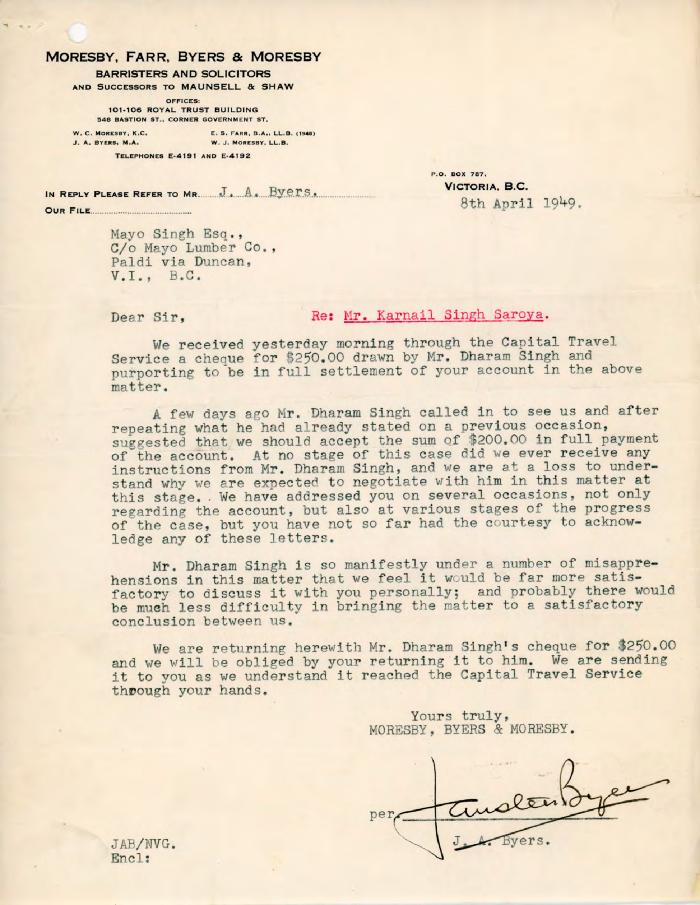 [Letter from J. A. Byers to Mayo Singh]
