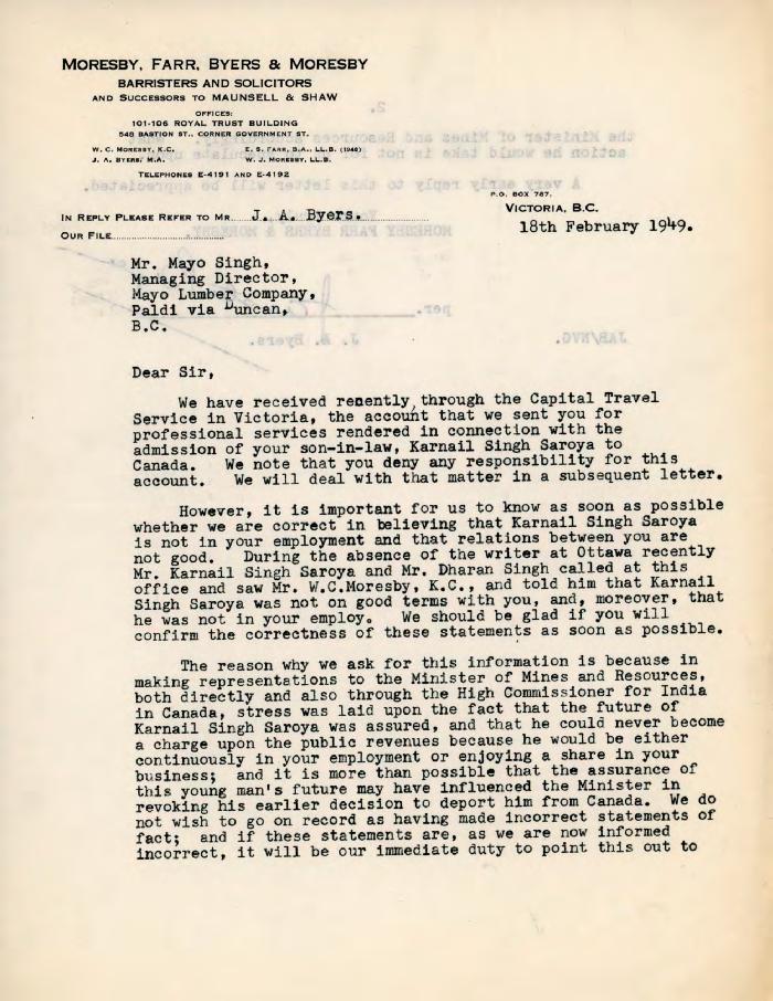 [Letter from J. A. Byers to Mayo Singh]