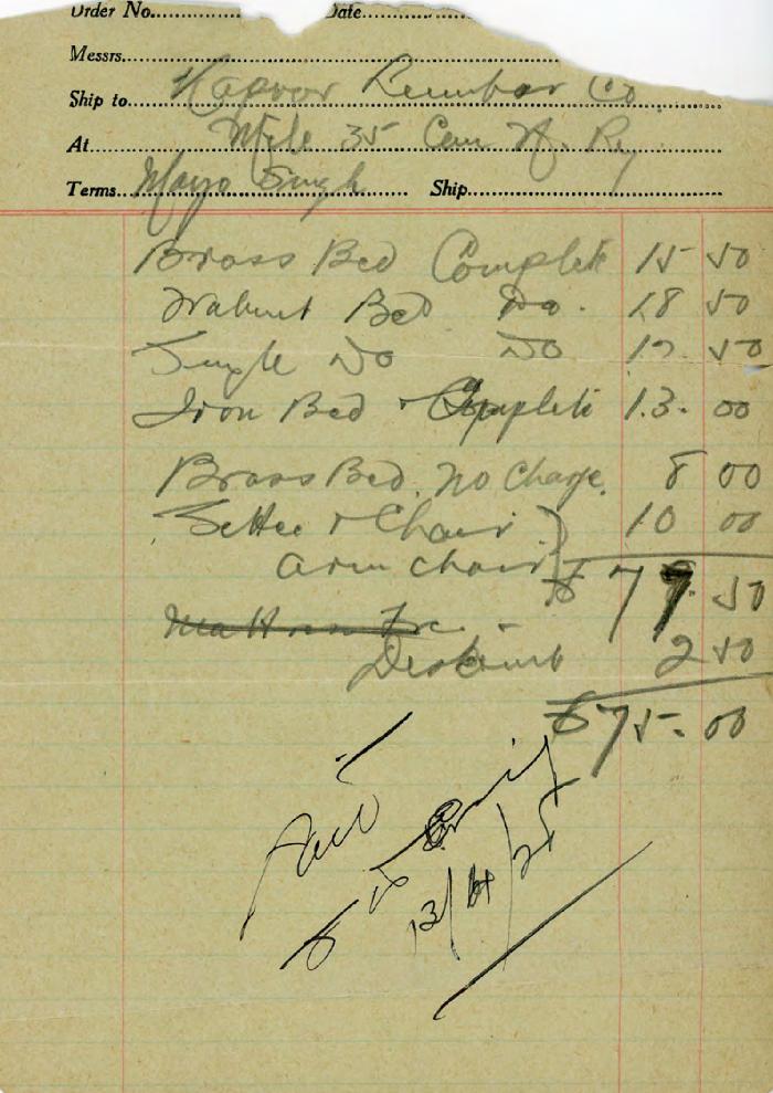 [Handwritten list of furniture to be shipped to Kapoor Lumber Co.]