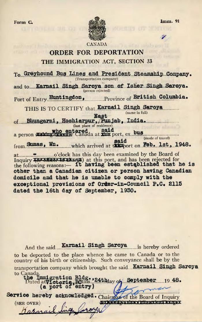 [Order for Deportation for Karnail Singh Saroya]