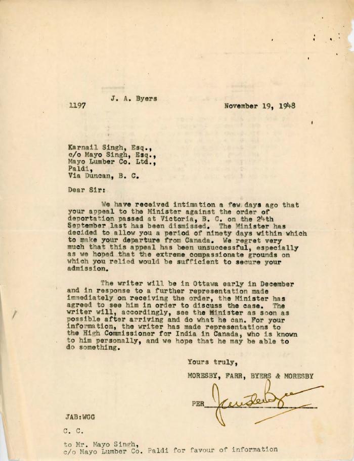 [Letter from J. A. Byers, an associate of Mr. Moresby, to Karnail Singh]