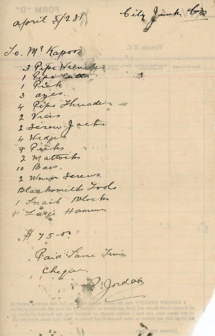 [Handwritten list of supplies on back side of order form]