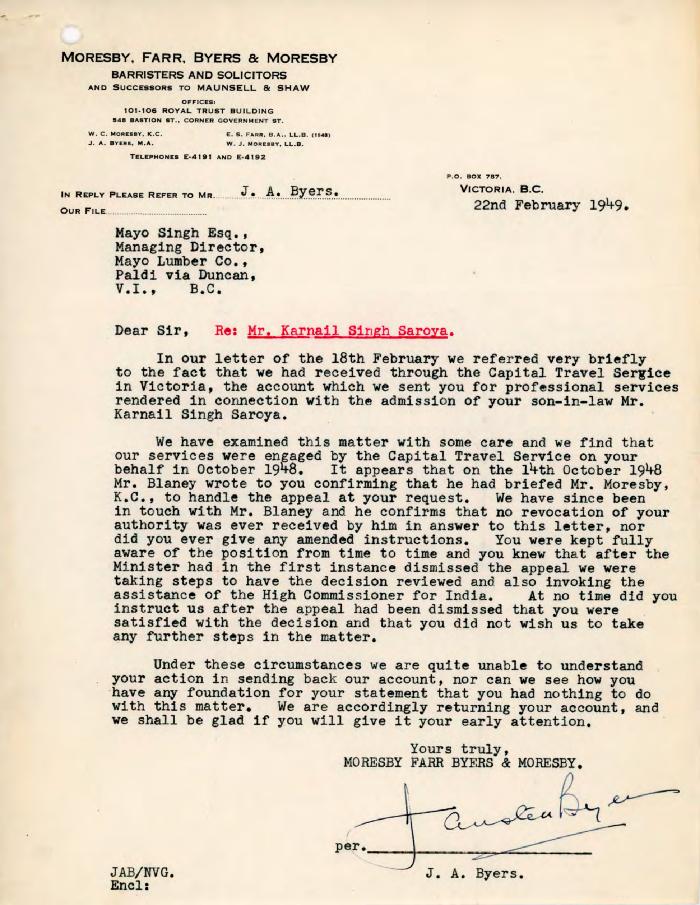 [Letter from J. A. Byers to Mayo Singh]