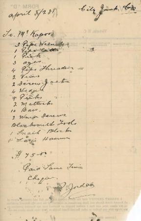 [Handwritten list of supplies on back side of order form]