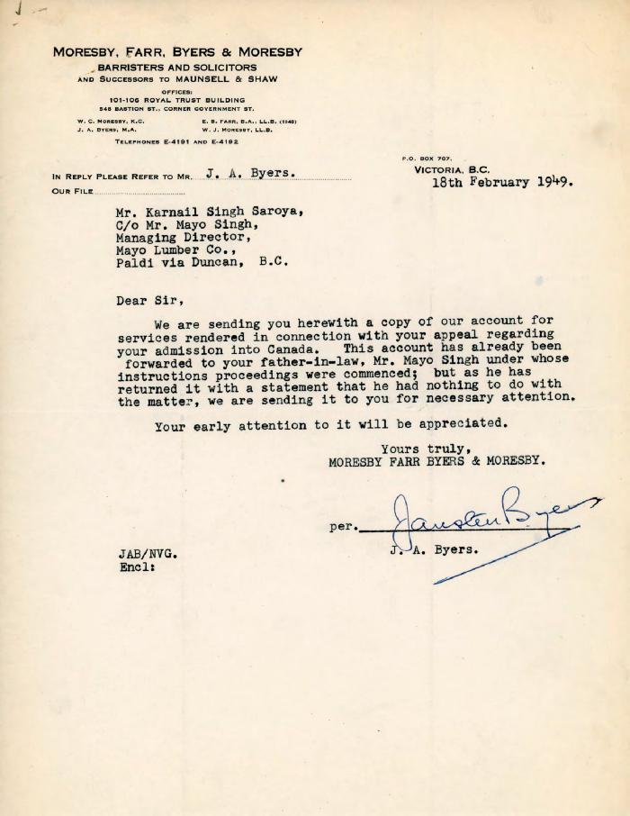 [Letter from J. A. Byers to Karnail Singh]