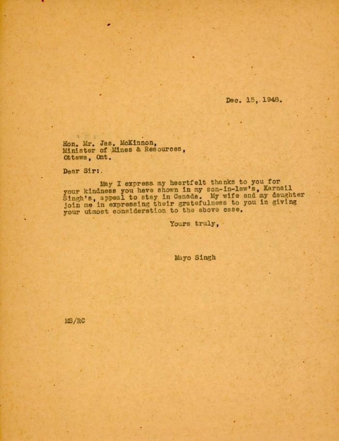 [Letter from Mayo Singh to Hon. Mr. Jas. McKinnon]