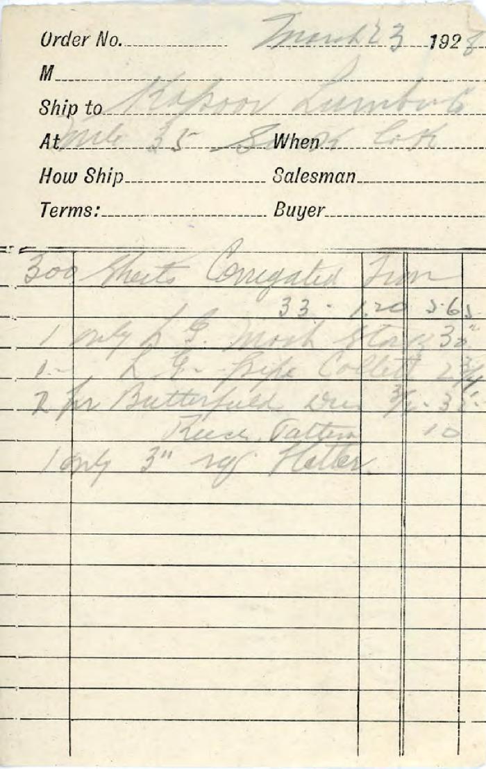 [Handwritten order form for Kapoor Lumber Co. supplies]