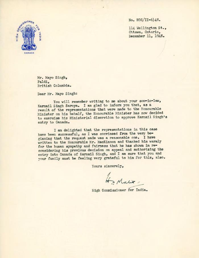 [Letter from H. S. Malik to Mayo Singh]