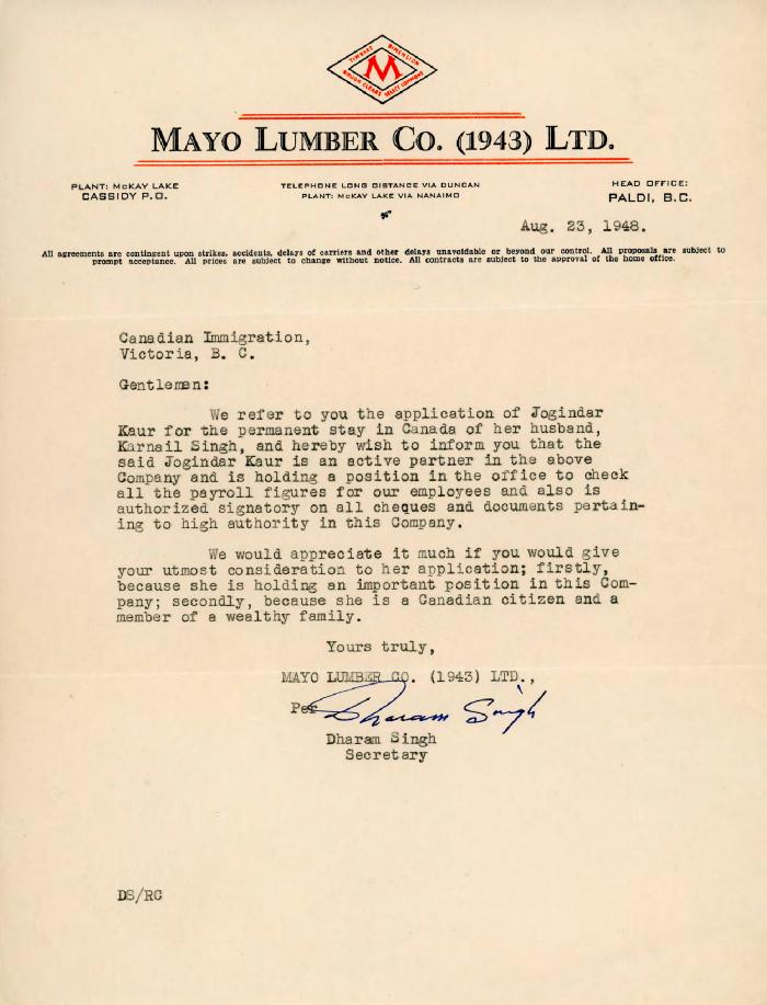 [Letter from Dharam Singh to Canadian Immigration]