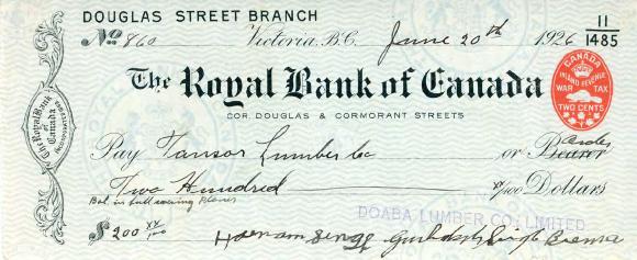 [Cheque paid to Tansor Lumber from Harnam Singh and Gurhaksh Singh Brenna]