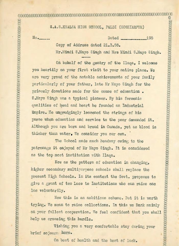 [Letter from S.A.S. Khalsa High School to Mr. Mindi S. Mayo Singh and Mrs. Mindi S. Mayo Singh ]